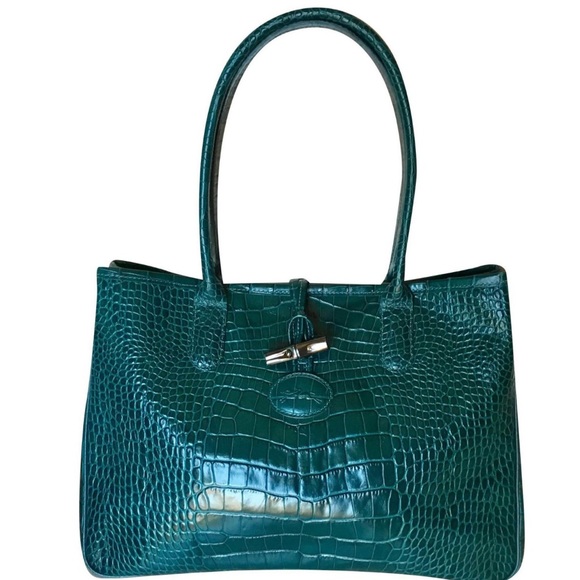 Longchamp Handbags - Longchamp Green Croc Embossed Leather Roseau Tote EUC